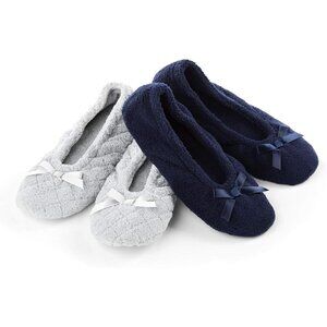 Classic Women's 2 Pair Ballerina Slippers, Soft Microterry & Satin Bow, Size 8-9